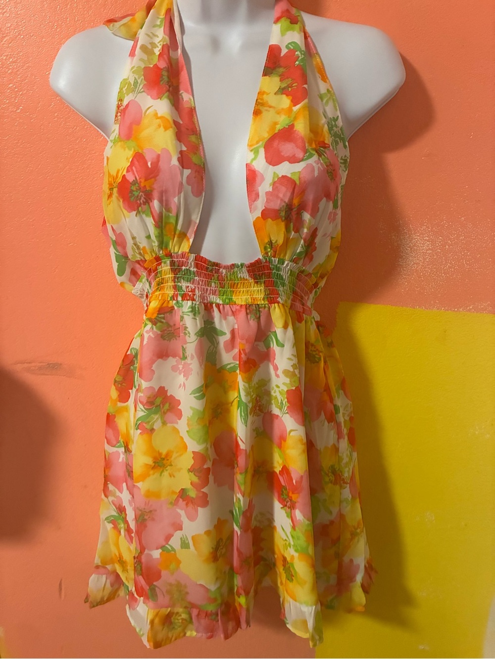 Floral Halter Summer Dress in Pink & Yellow